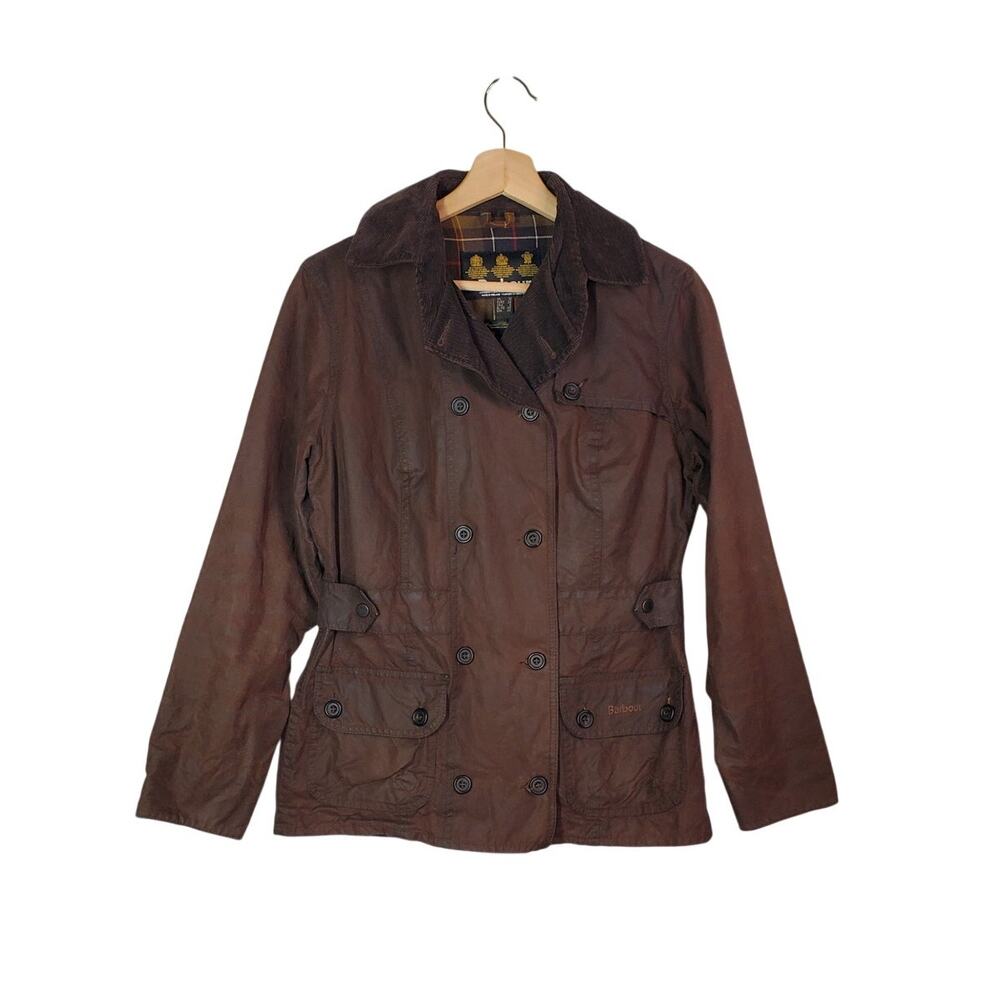 Barbour Waxed Cotton Barn Coat Double Breasted Jacket Tartan Brown Size US 6